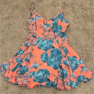Coral Mini Dress with Teal Floral Print